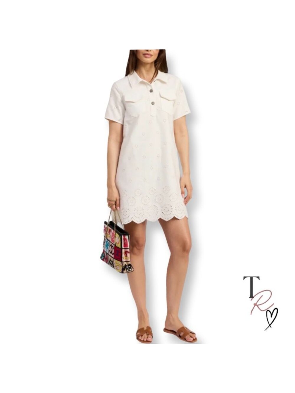 En Saison White Denim Eyelet Scalloped Shirt Mini Dress Size Small